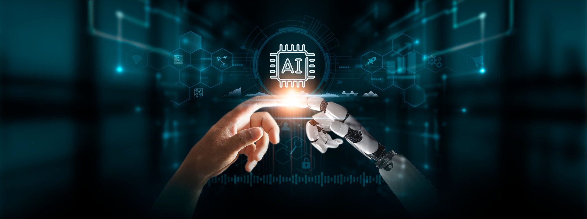 AI: Hands of Robot and Human Touch Artificial Intelligence of Global Networking, Advancing Automation, Embracing Cognitive Computing, Pioneering Digital Technologies of Future.